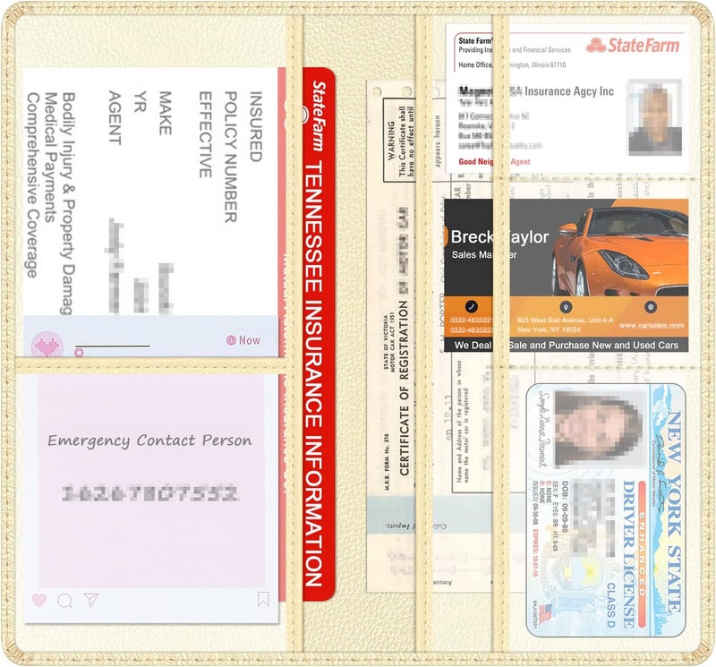 Techion Car Insurance and Registration Holder, 9.5 x 5 Inch PU Leather Vehicle Glove Box Organizer Wallet Case for Insurance Card, Driver License, Paperwork - Champagne - Image 3